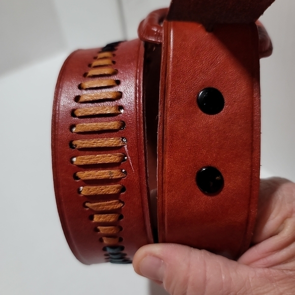 Vintage Leather Whipstitched Belt 30 Red Covered Buckle Western Boho - Picture 3 of 6